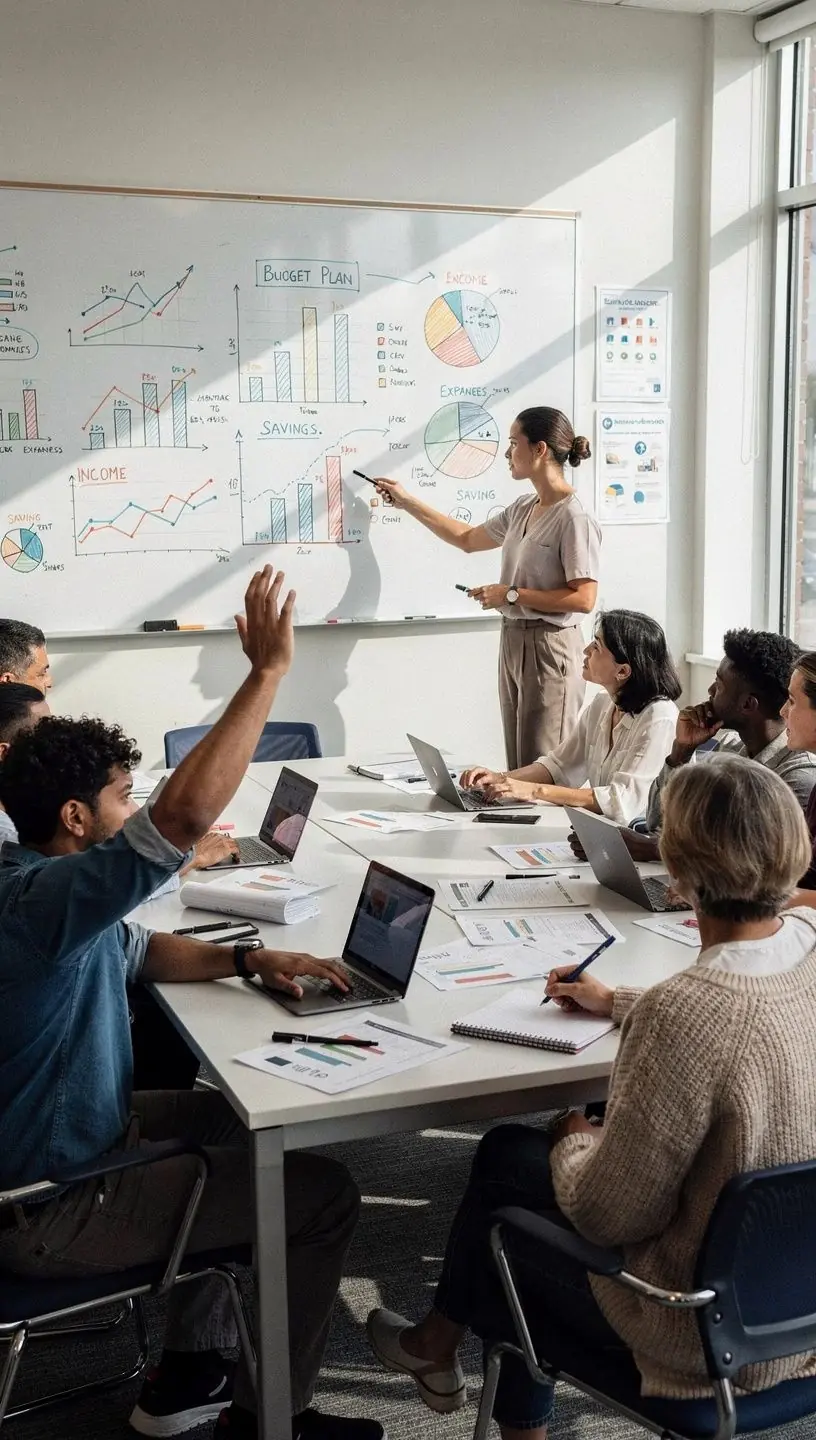 Pénzügyi alapelveket tanuló diákok csoportja egy tanteremben